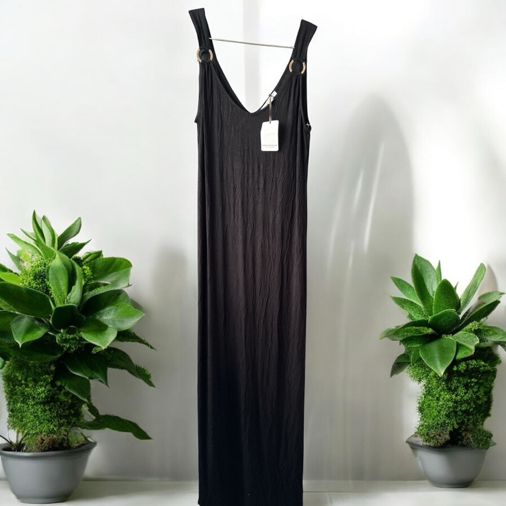 Green Envelope Black Sheath Maxi Dress V-Neck Sleeveless